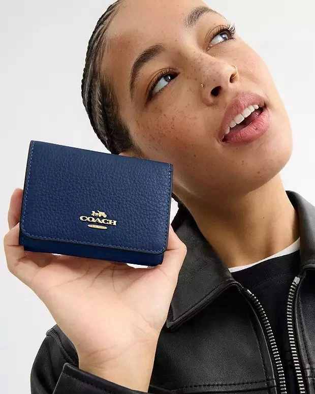 COACH Card Holder Wallet In Signature Canvas CZ034 Tan/Deep Blue