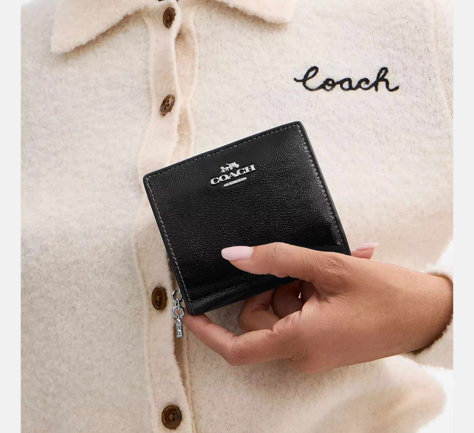 Coach Women's Black Crinkle Patent Leather Snap Small Wallet CW790