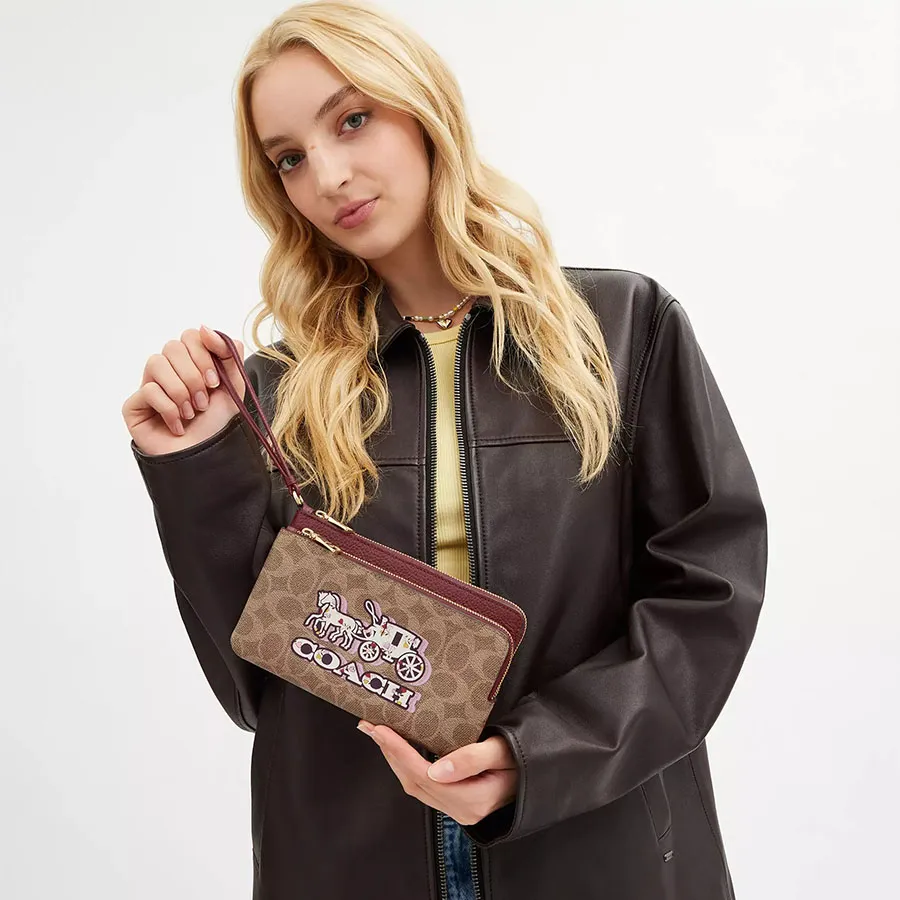 Coach Double Zip Wallet In Signature Canvas With Horse And Carriage CX590