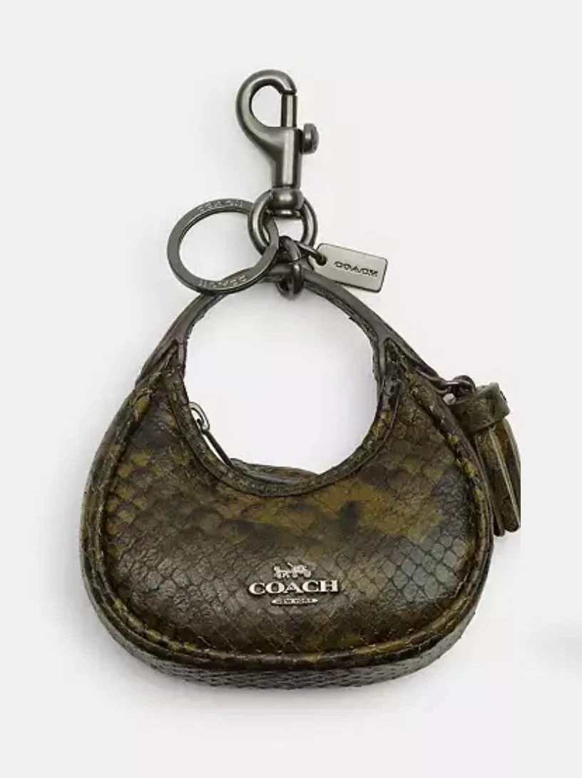 Coach Mini Carmen Bag Charm Coin Purse In Snake Print Gunmetal Olive