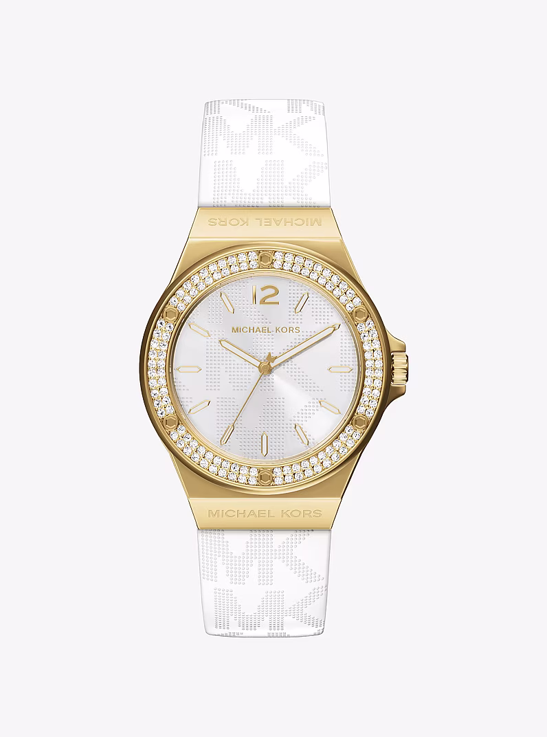 Michael Kors Lennox Pavé Gold-Tone and Logo Silicone Strap Watch