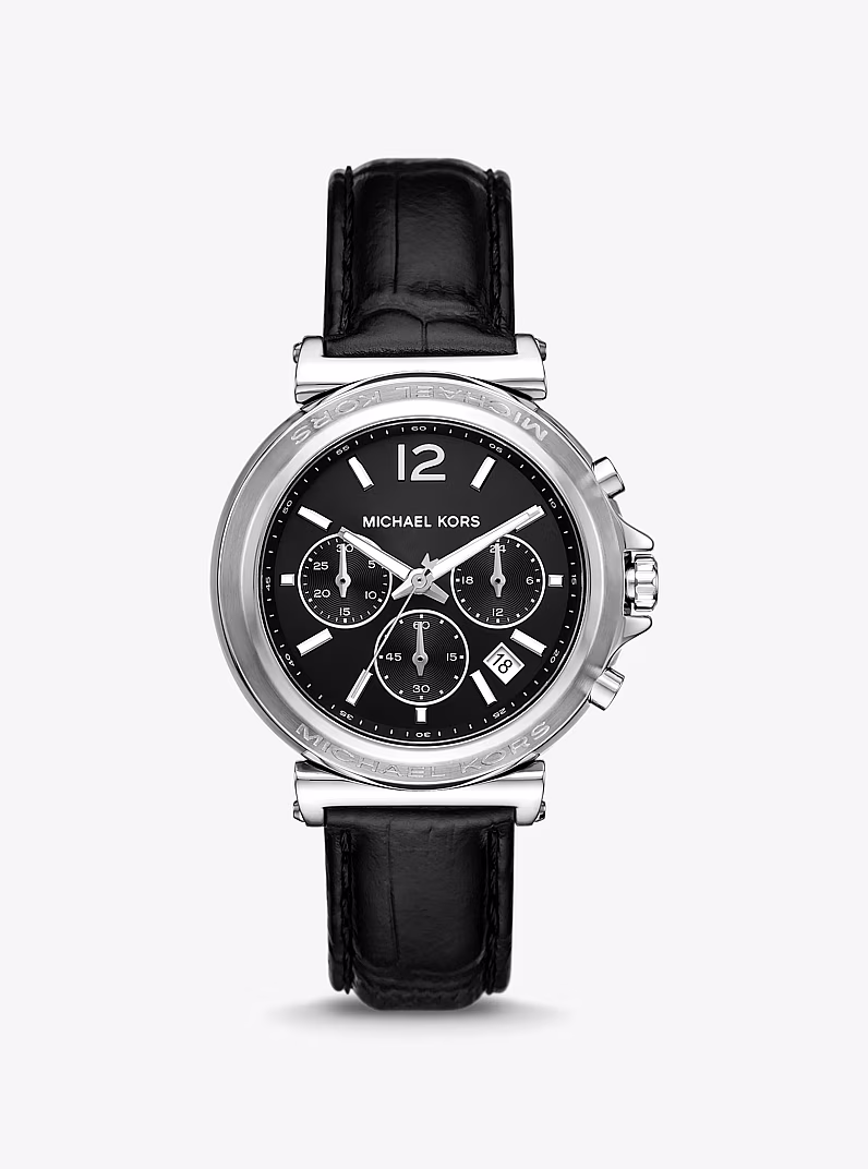 Michael Kors Oversized Maren Silver-Tone and Crocodile Embossed Leather Watch